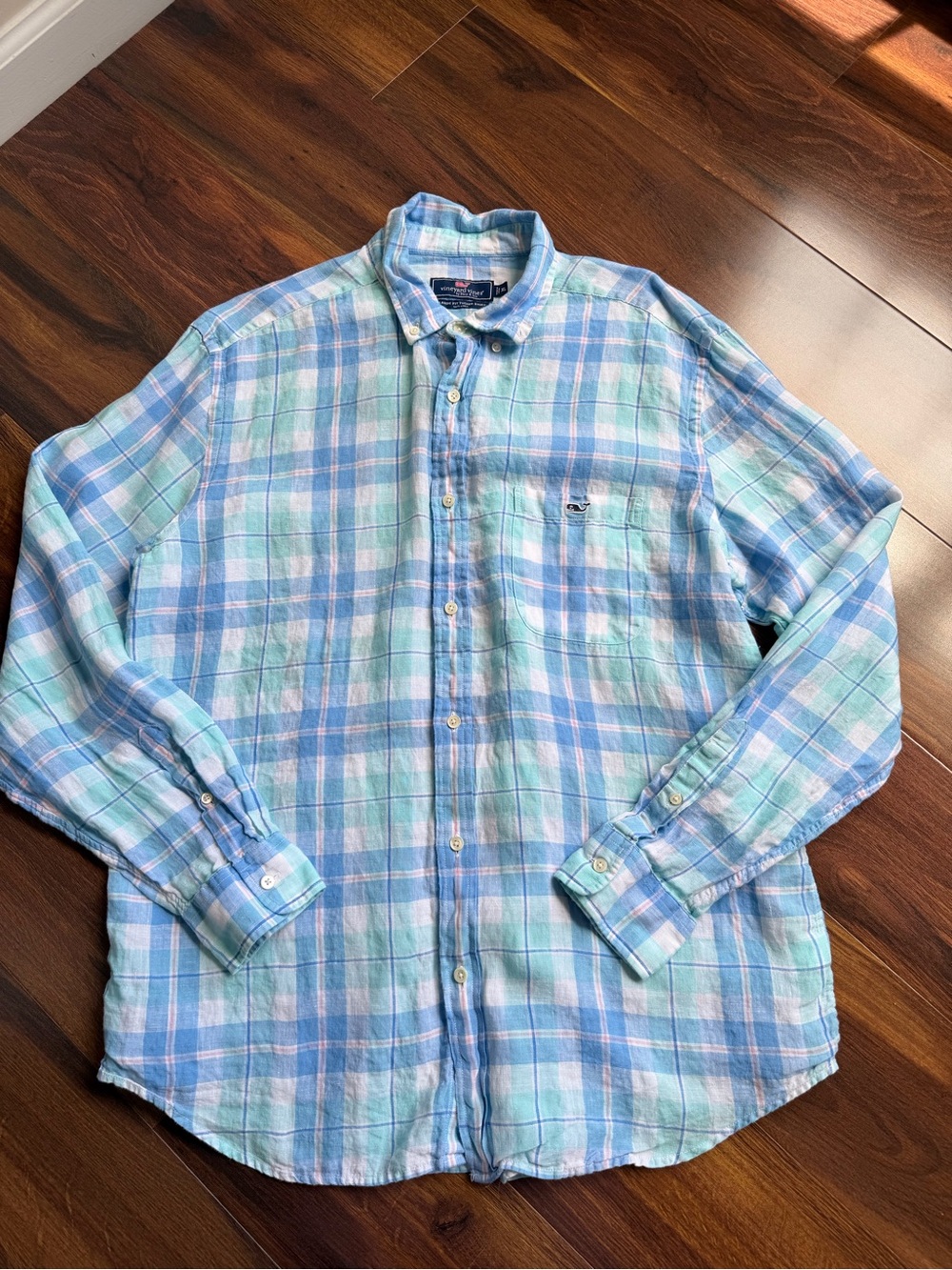 Vineyard Vines 100% Linen Classic Fit Tucker Shirt Plaid Button Down Mens XL